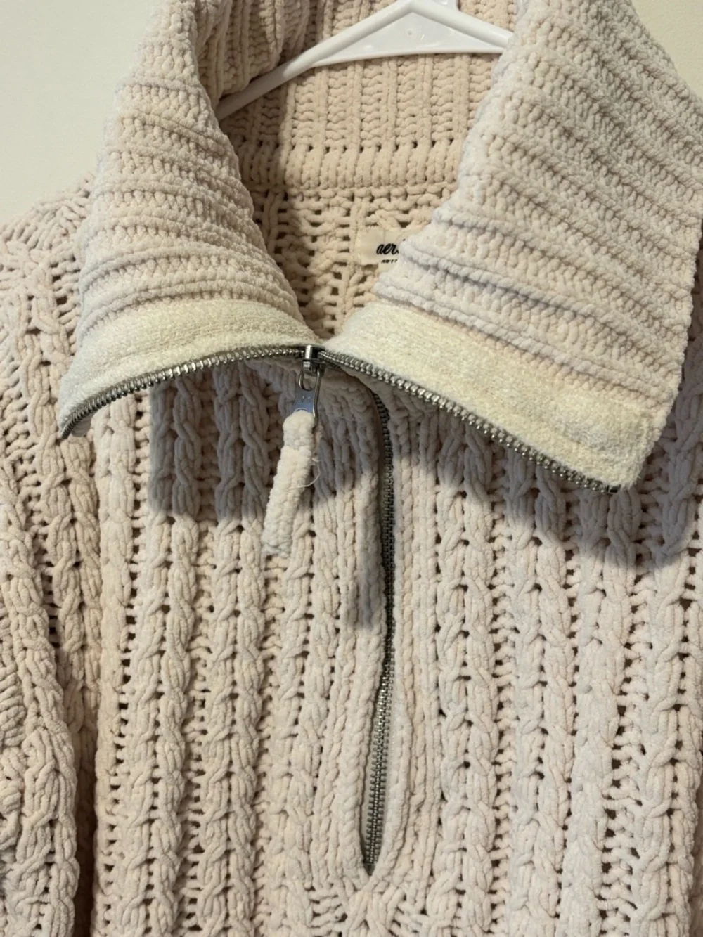 Aerie Women's Chunky Cream Oversized Quarter Zip Cable Knit Sweater Size XS